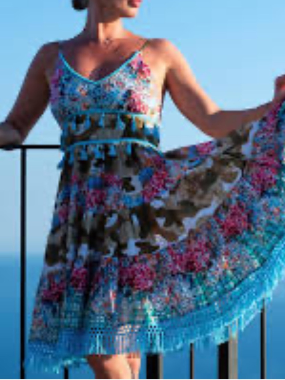 Antica Sartoria Sleeveless Floral Mini Dress with Tassel Trim in Blue and Pink S